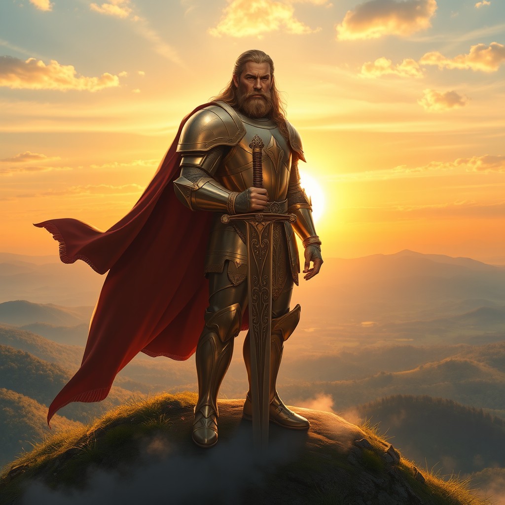 A majestic, noble figure standing tall on a hilltop, adorned in resplendent armor that gleams in the sunlight