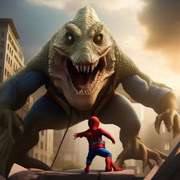 A three-year-old boy wearing a Spiderman costume, swinging from a building to combat a large lizard monster in a fantasy world.