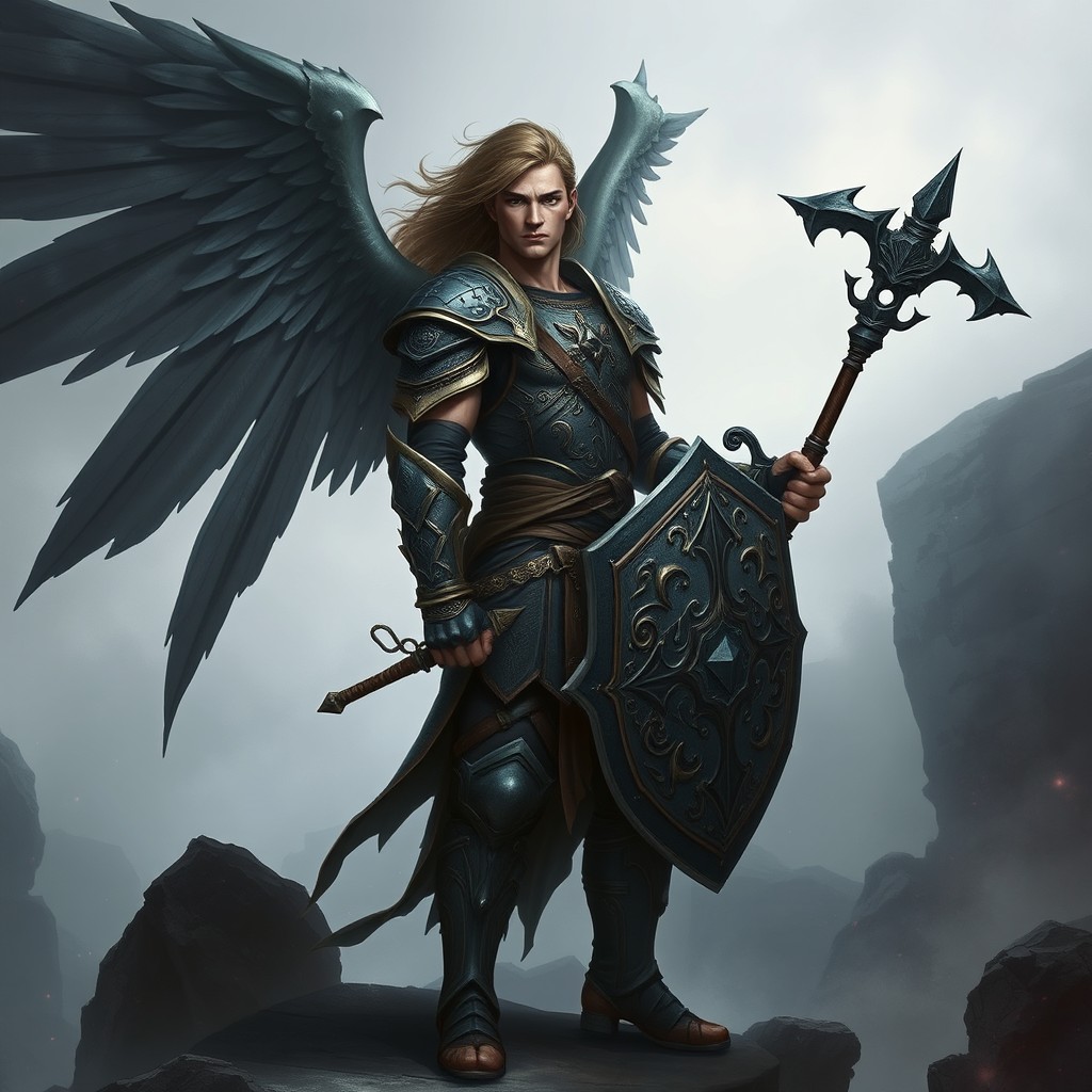 A male fallen Aasimar death domain cleric standing in a dramatic pose, holding a sturdy shield in one hand and a morningstar in the other
