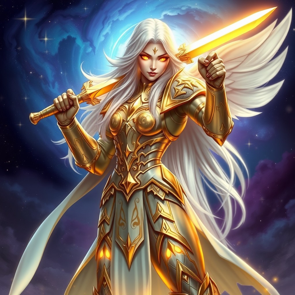 A fierce Aasimar Knight, a female celestial warrior, stands confidently in a dynamic pose