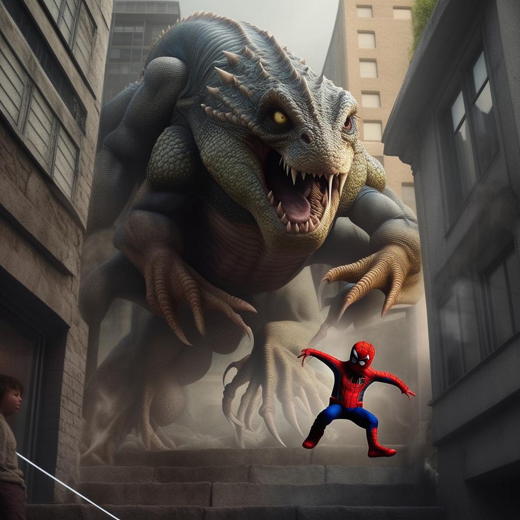 A three-year-old boy wearing a Spiderman costume, swinging from a building to combat a large lizard monster in a fantasy world.