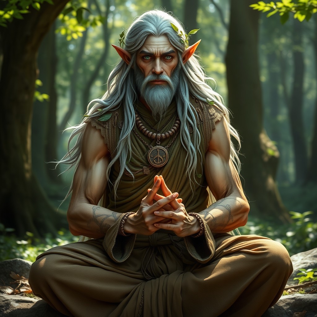 An elder wood elf monk warrior of mercy, displaying wisdom and strength