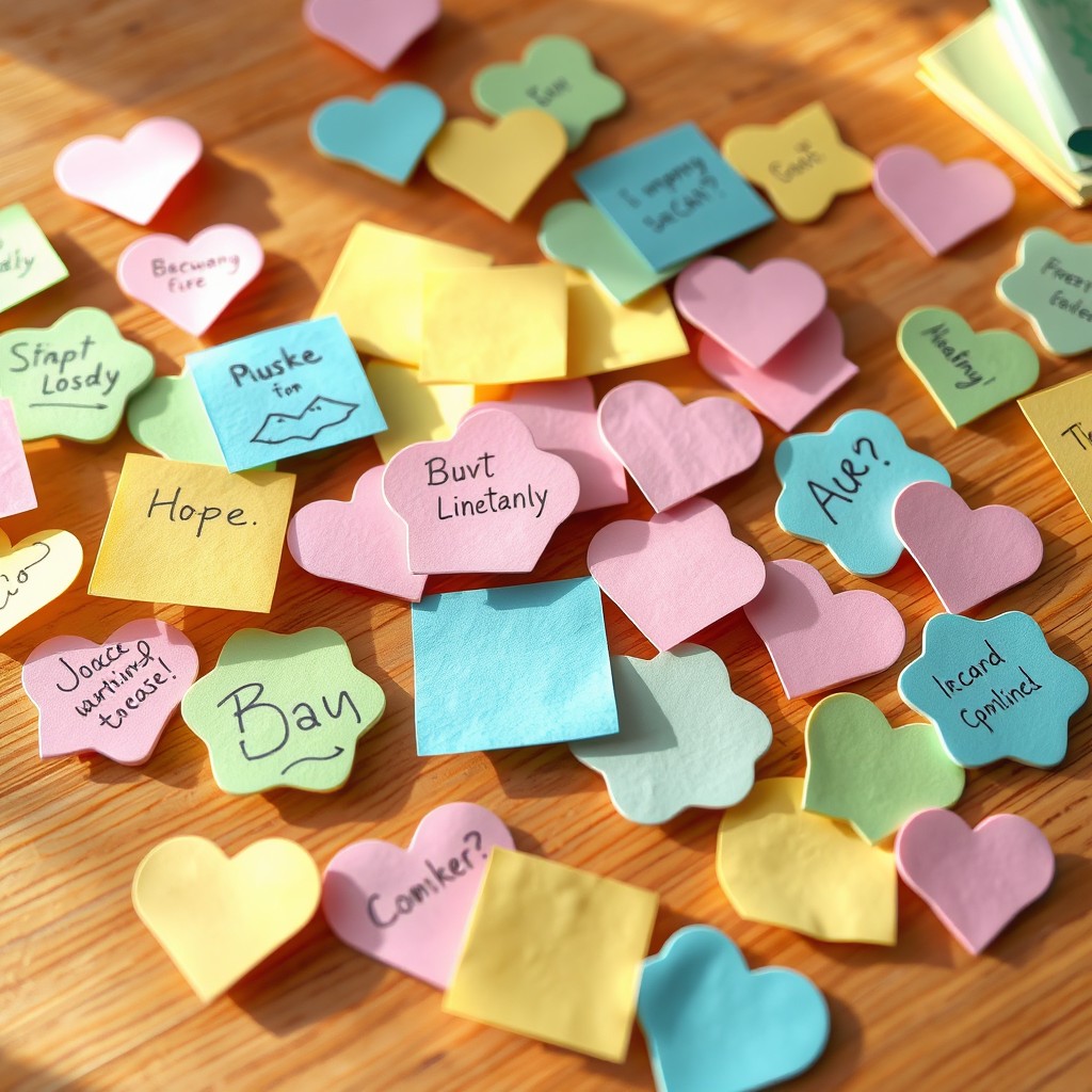 A vibrant and colorful array of bubble sticky notes in various shapes and pastel colors such as pink, blue, green, and yellow, artistically scattered across a wooden desk