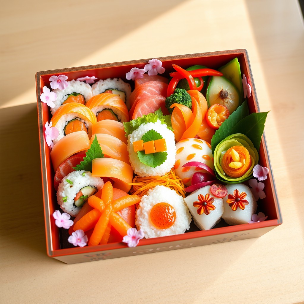 A beautifully arranged ichi bento, showcasing a variety of colorful and exquisite Japanese dishes neatly presented in a traditional bento box