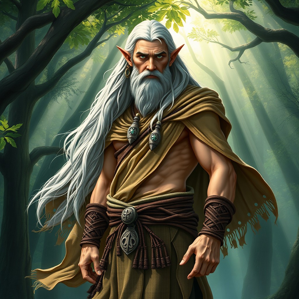An elder wood elf monk warrior of mercy, depicted without a beard, radiating wisdom and strength