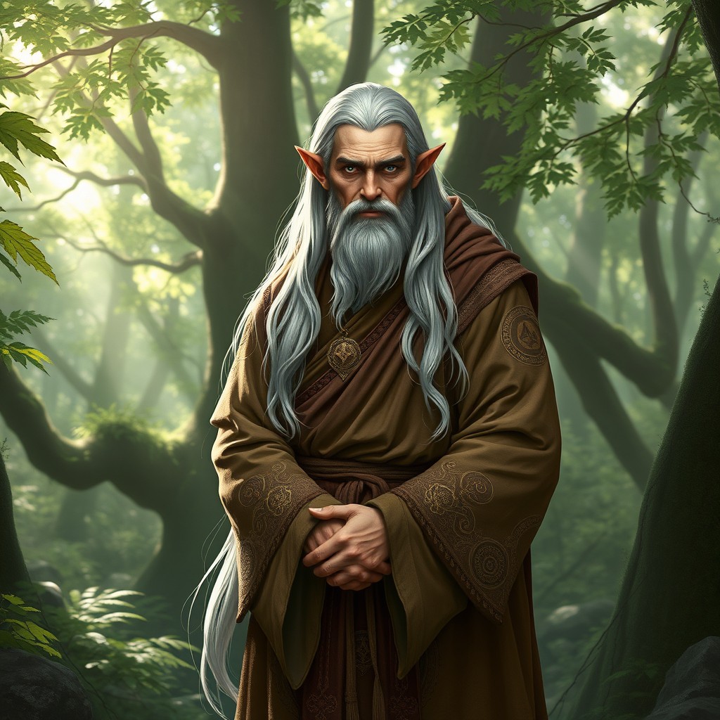 An elder wood elf monk, depicted as a warrior of mercy, characterized by his lack of a beard