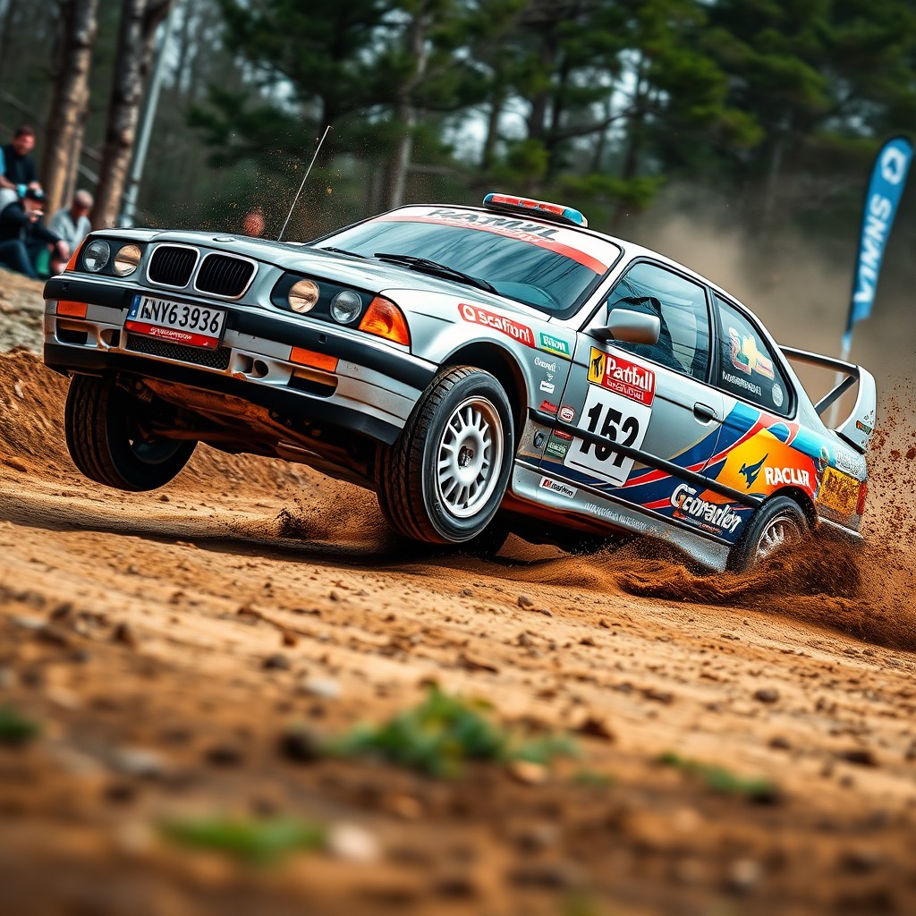 A striking depiction of a silver gray BMW E36 designed for rally racing, featuring a vibrant rally livery with sponsor decals and bold graphics