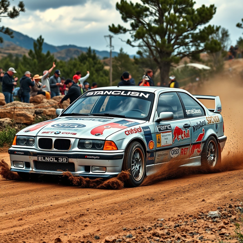 An exciting image of a silver gray BMW E36 designed for rally racing, featuring vibrant vinyl graphics on the doors that include bold sponsor logos and stylish designs