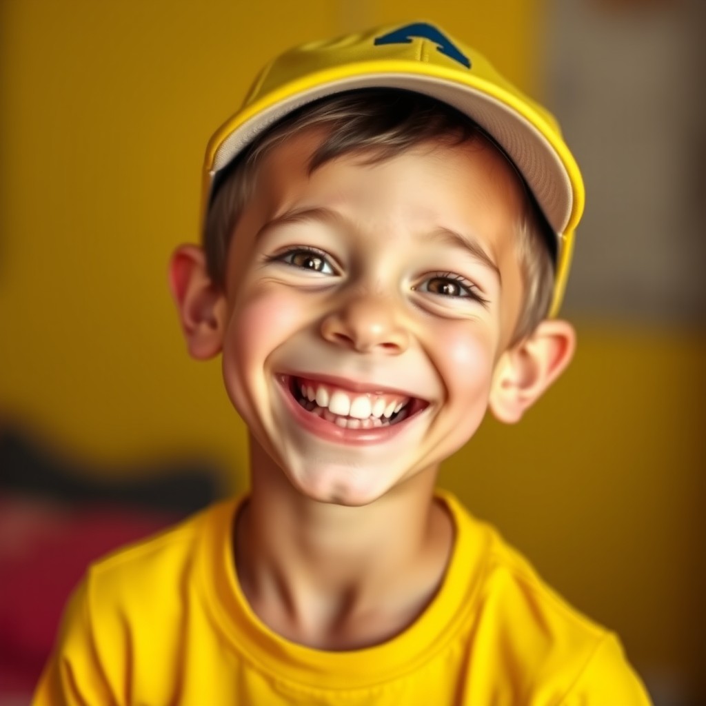 A thin boy with the biggest eyes, laughing joyfully, wearing a bright yellow t-shirt and a stylish cap