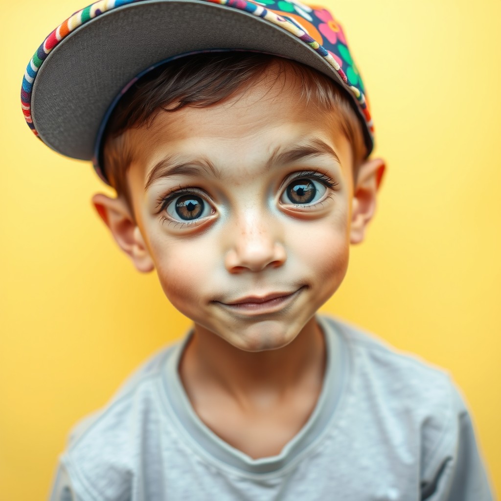 A thin boy with the biggest eyes, wearing a colorful cap and a comfortable t-shirt