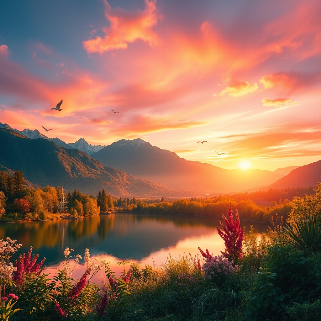 A vibrant, tranquil landscape featuring a serene lake surrounded by lush greenery and majestic mountains in the background, combined with the enchanting sunset glow of a second image, blending warm oranges and pinks into the sky, reflecting off the water's surface