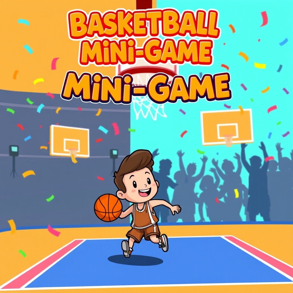 A vibrant and dynamic thumbnail for a basketball mini-game, featuring an illustrated basketball court with a colorful, cartoon-style basketball hoop