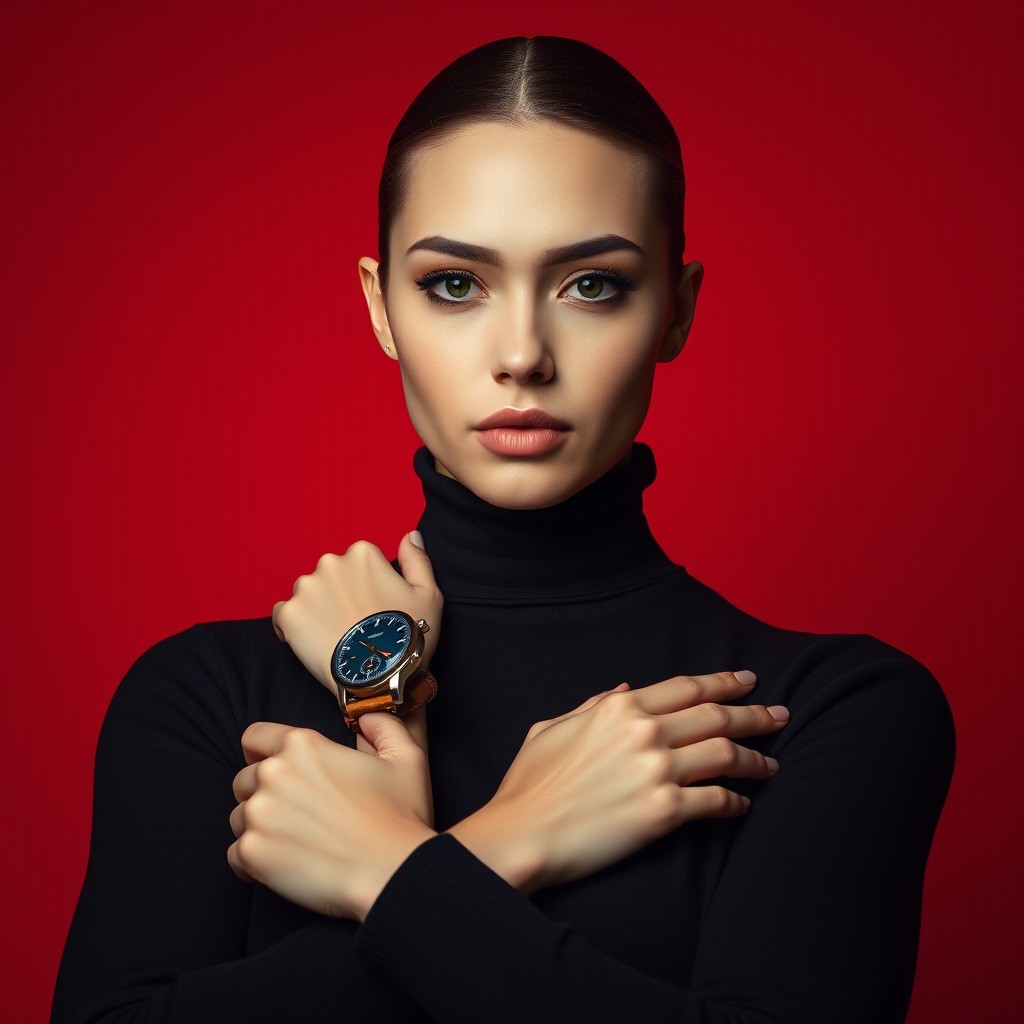 A highly stylized portrait of a confident individual with sharp features and flawless fair skin, wearing a black turtleneck sweater