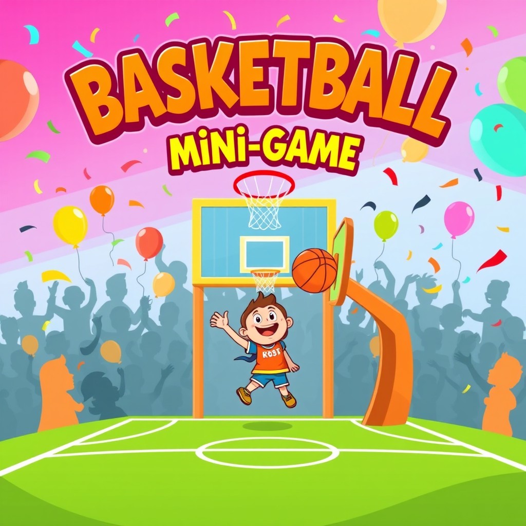 A vibrant and animated thumbnail for a basketball mini-game, showcasing a cartoon-style basketball court with a whimsical design