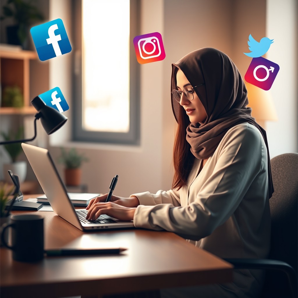 An Arab young woman sitting at a modern desk, deeply focused and creatively writing on a laptop