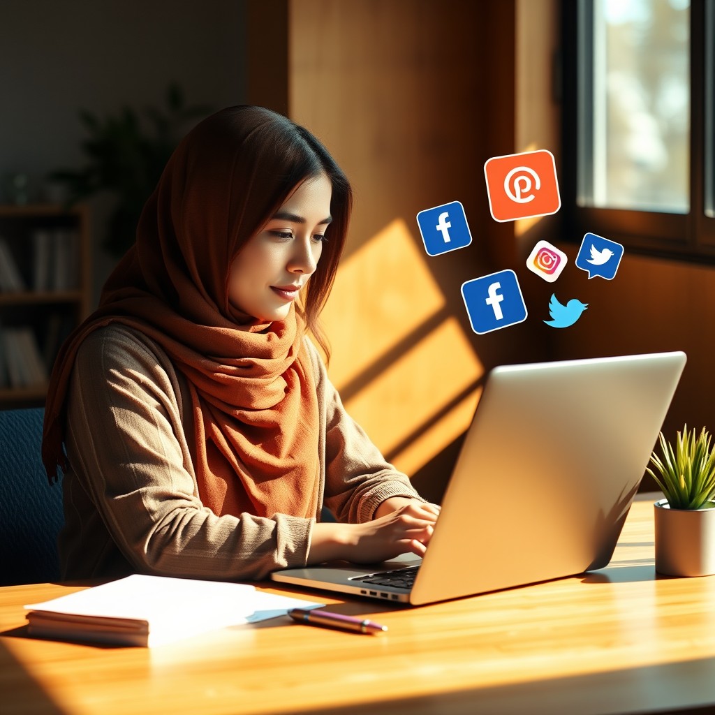 An Arab young woman sitting at a modern desk, engaged in writing on a laptop with deep focus and creativity