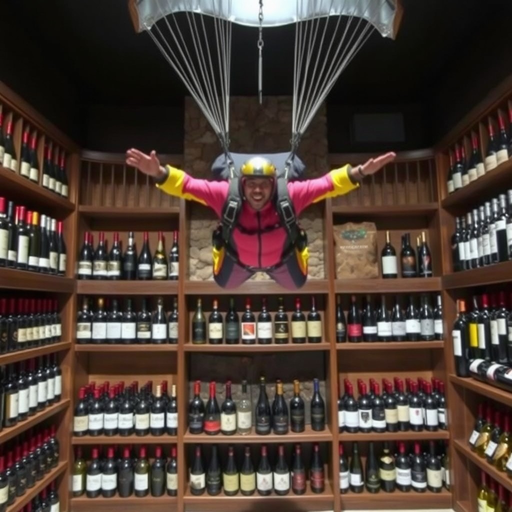 A daring skydiver suspended in mid-air, gracefully descending in front of a stunning array of wine bottles displayed in an elegant basement cellar