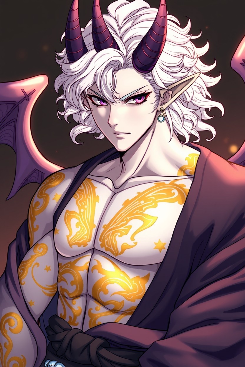 A male demon character with white skin and curly medium-length white hair