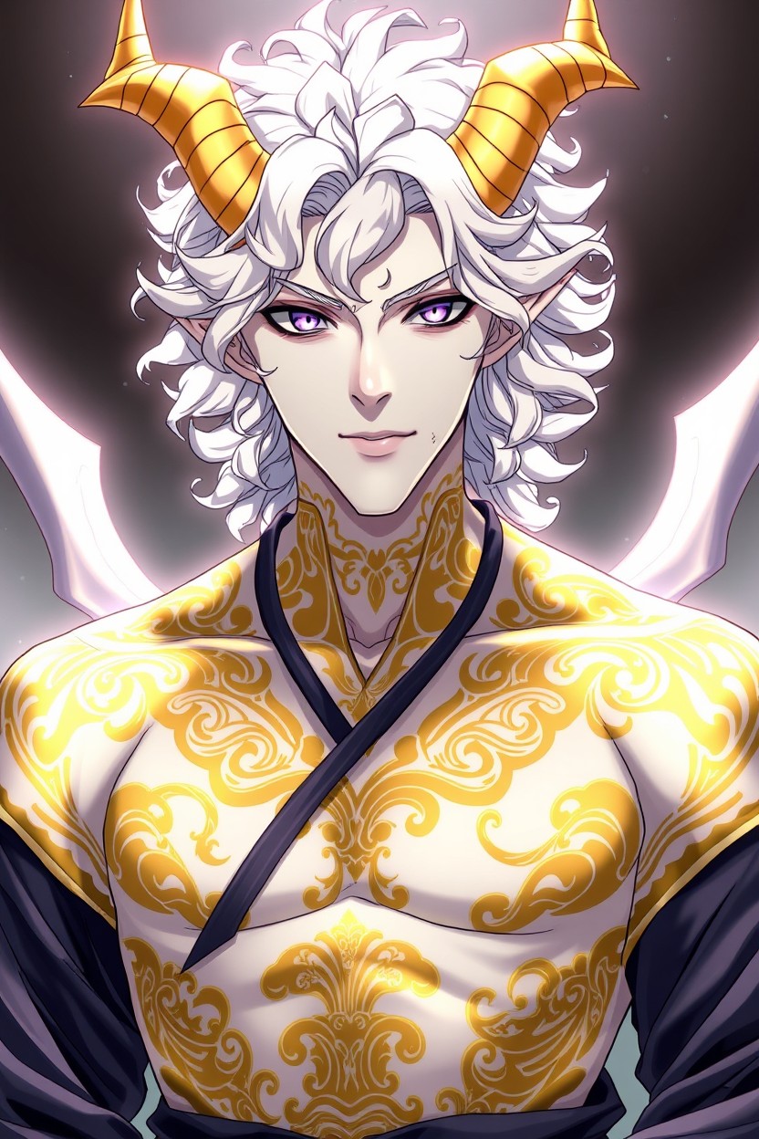 A male demon character with white skin, featuring curly medium-length white hair