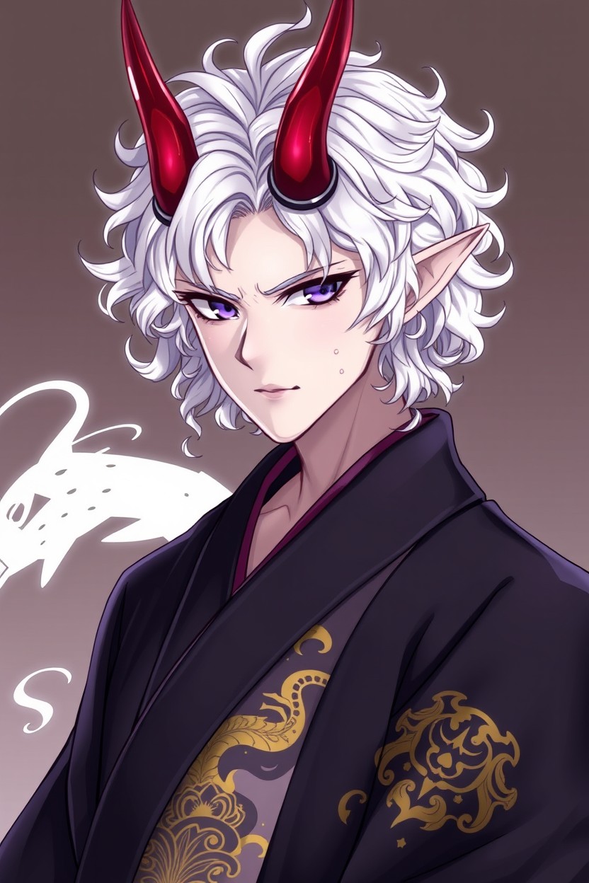 A male demon character with white skin and curly medium-length white hair