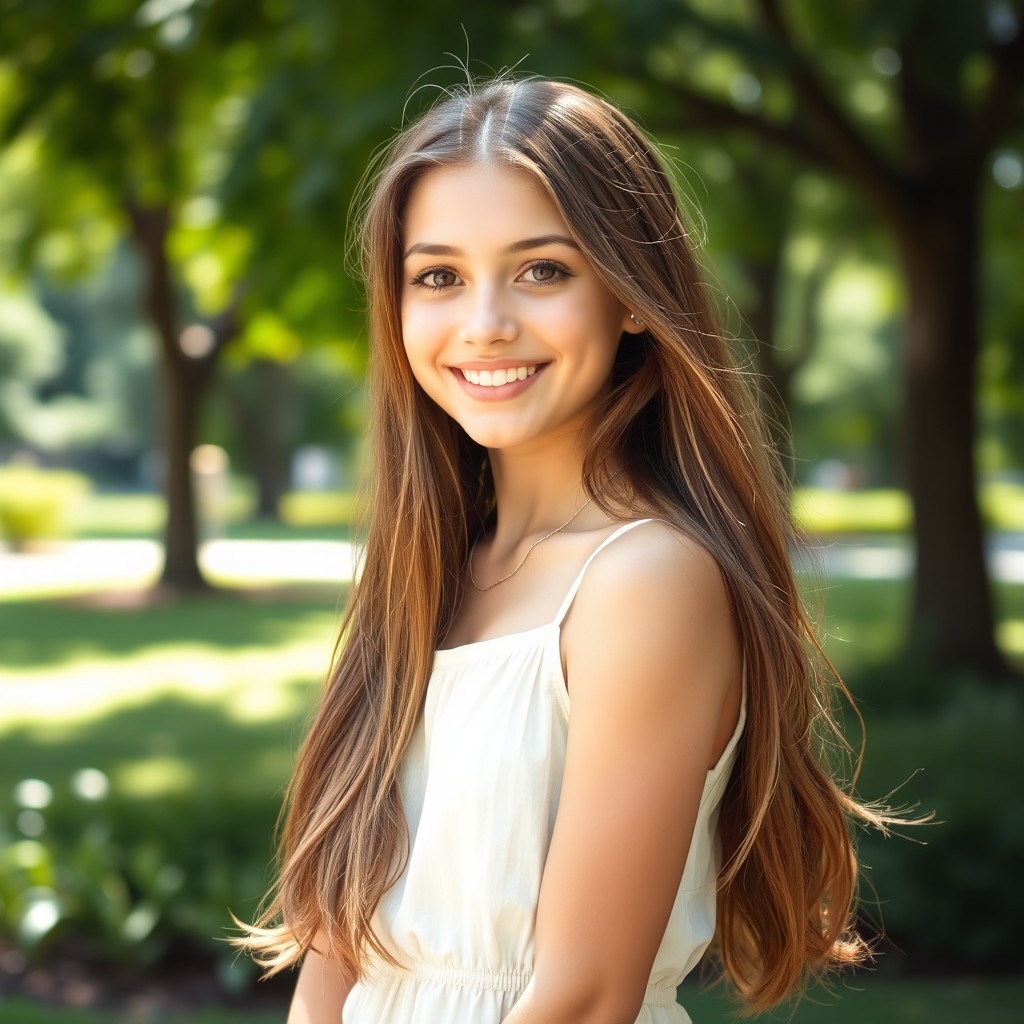 Radiant Summer Portrait: 20-Year-Old Beauty in Sunlit Park