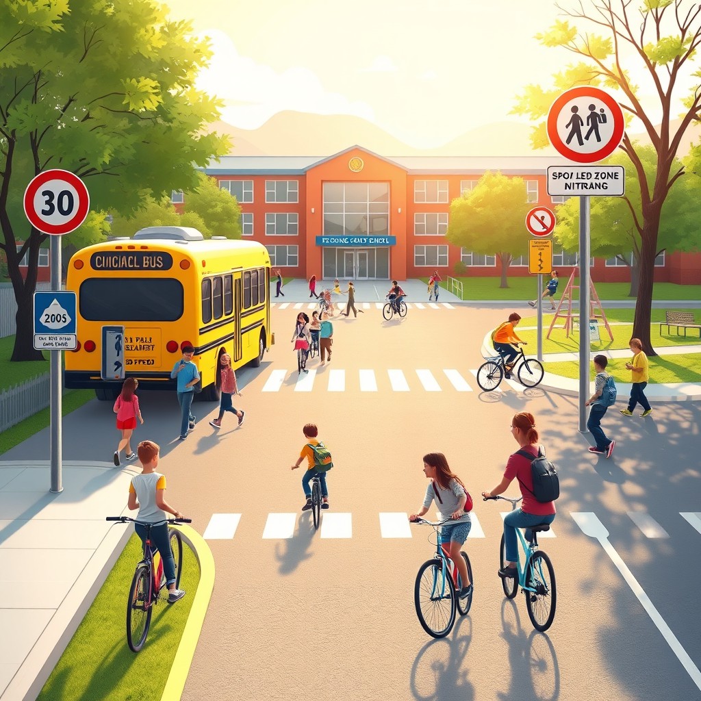 An educational illustration depicting a school traffic management scenario