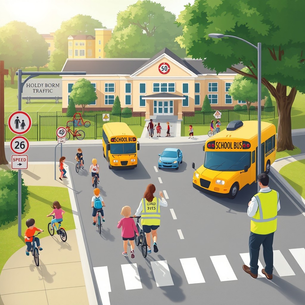 An educational illustration capturing a school traffic management scenario