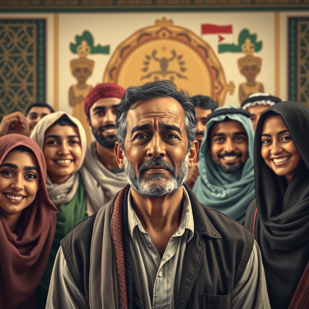 A poignant scene depicting a Palestinian man looking despondent and sorrowful, surrounded by a diverse group of smiling individuals from various Arab nationalities