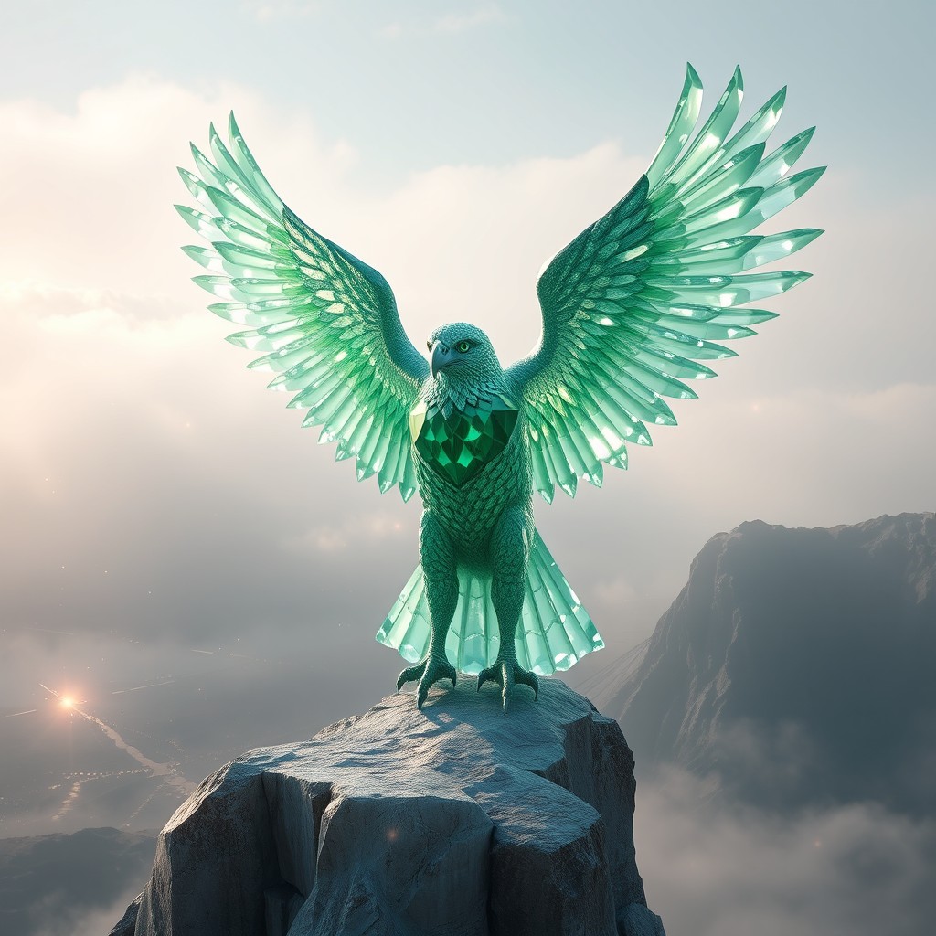 A giant, majestic hawk made entirely from soft green diamonds, regal and magnificent, perched on a crystal cliff that overlooks a glowing valley