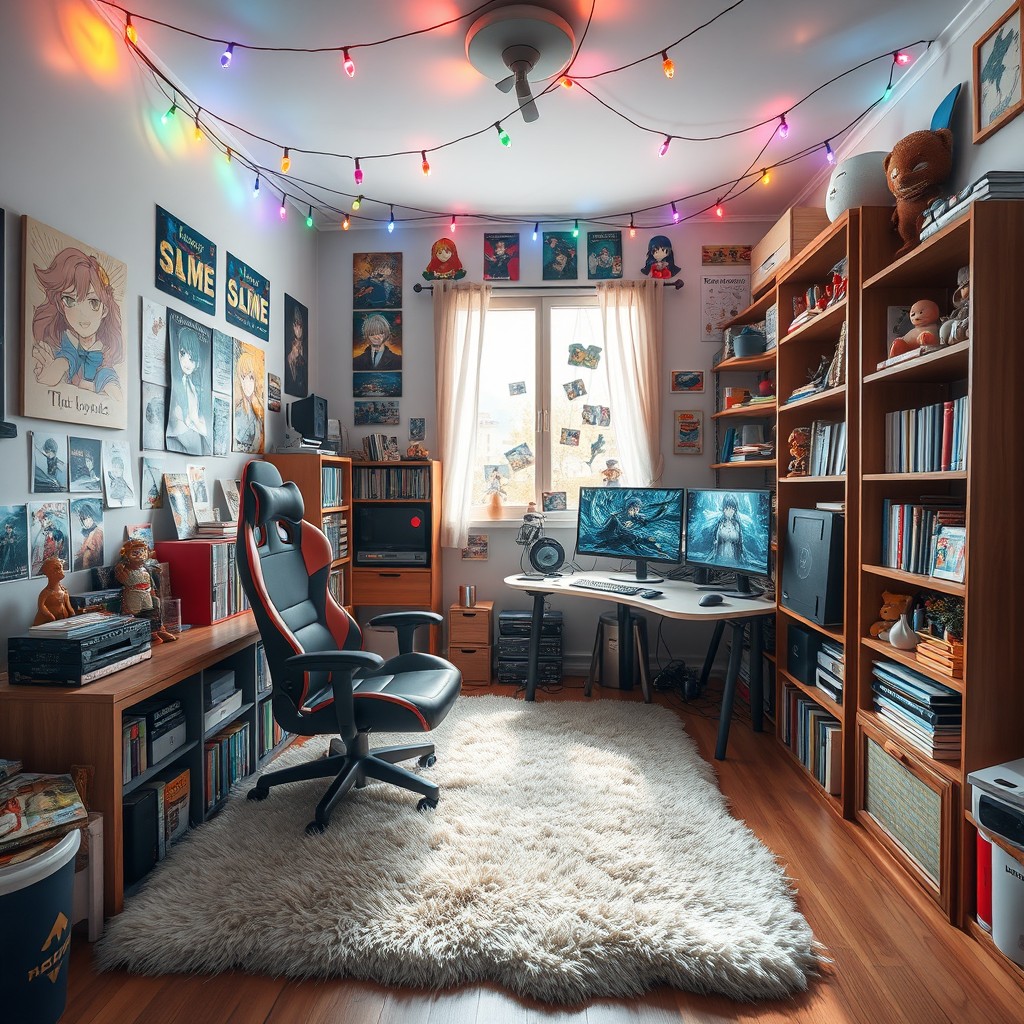 A cozy anime-themed room filled with vibrant decorations and merchandise