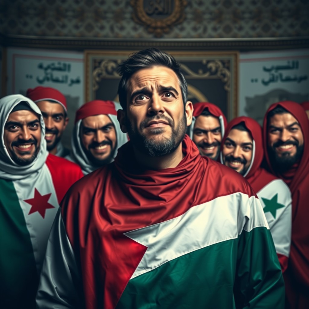 A poignant scene depicting a Palestinian man wearing a Palestinian flag looking dejected, surrounded by individuals representing various Arab nationalities who are dressed in their respective flags, smiling with sinister grins