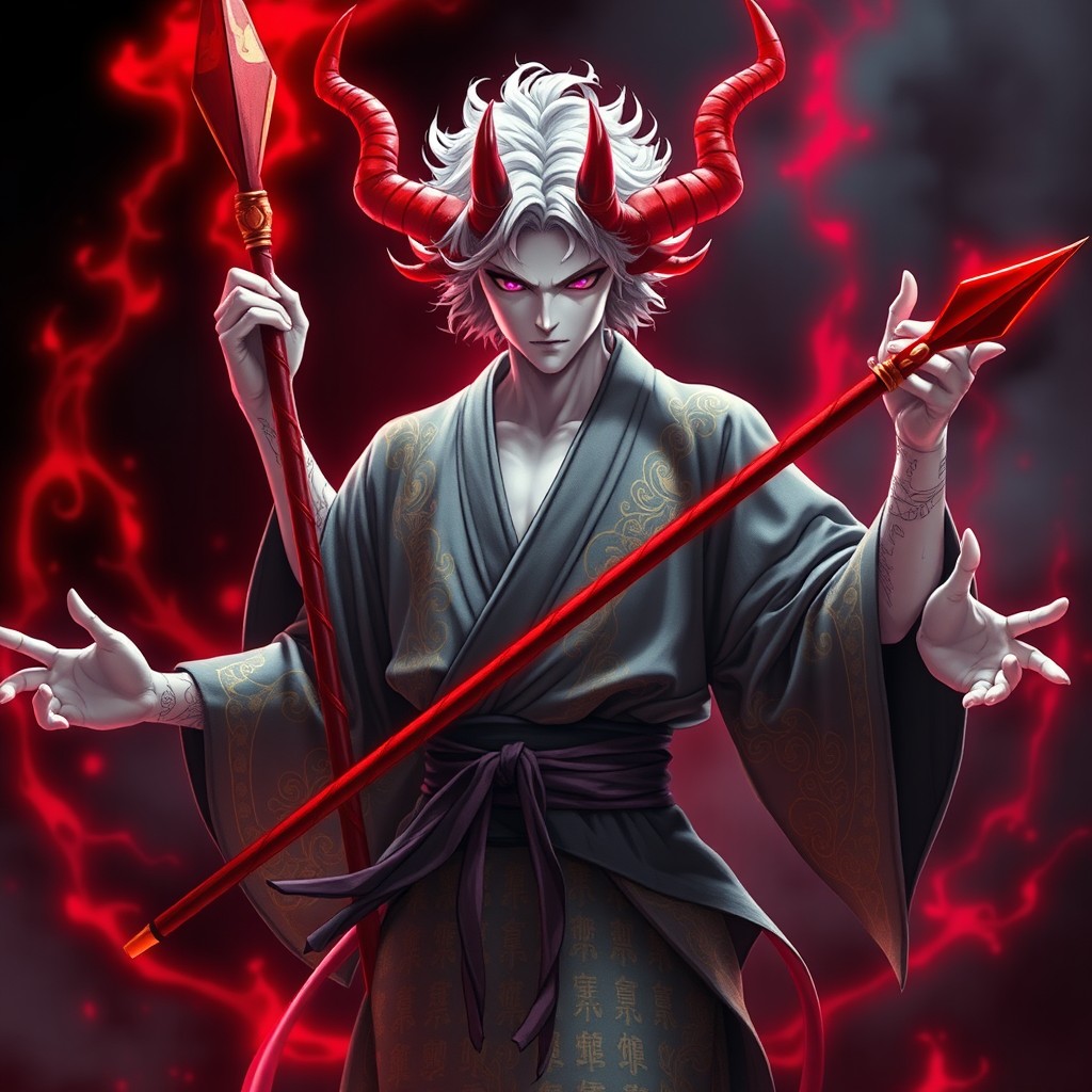 A powerful awakened form of a male demon with white skin and striking violet eyes