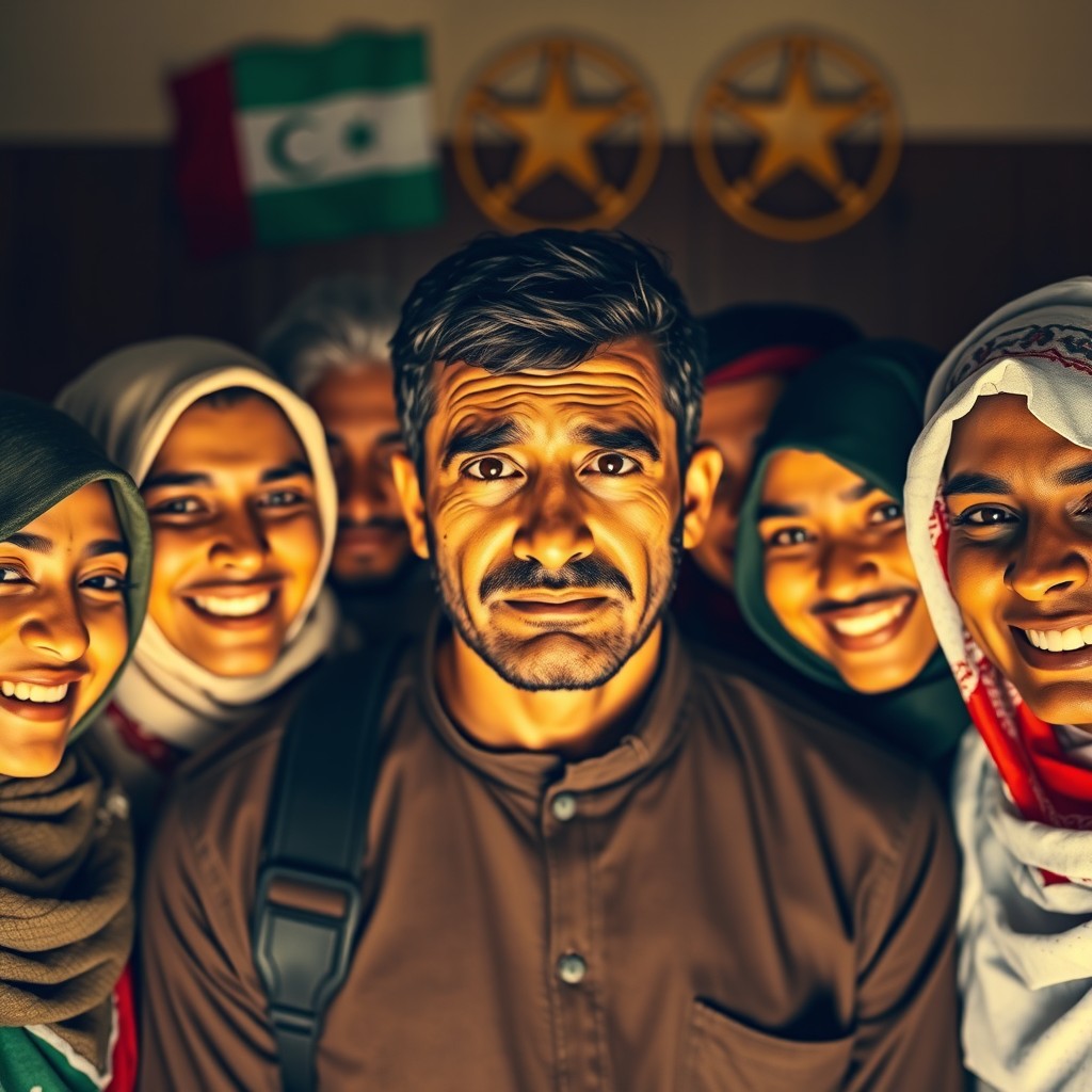 A striking image of a dejected Palestinian man looking forlorn at the center, surrounded by individuals of various Arab nationalities smiling brightly around him