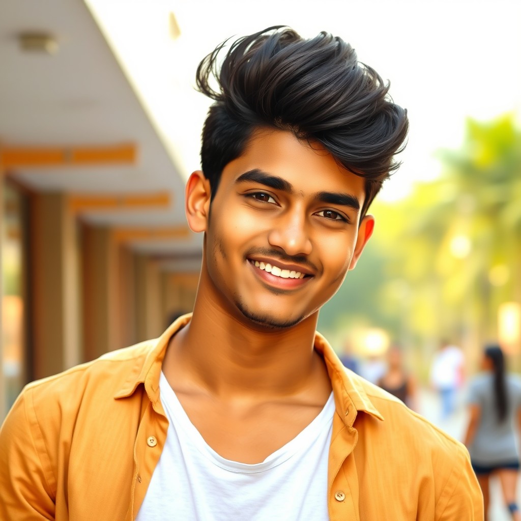 A 22-year-old handsome Indian man with a full head of thick, dark hair, displaying a confident and charming smile