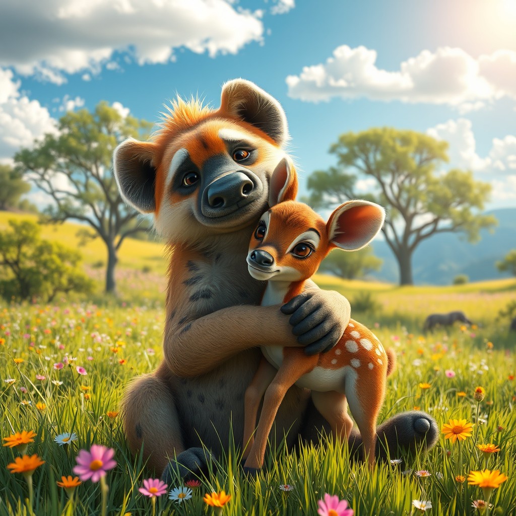 A playful scene of a hyena gently hugging a small, tender-hearted doe in a picturesque setting
