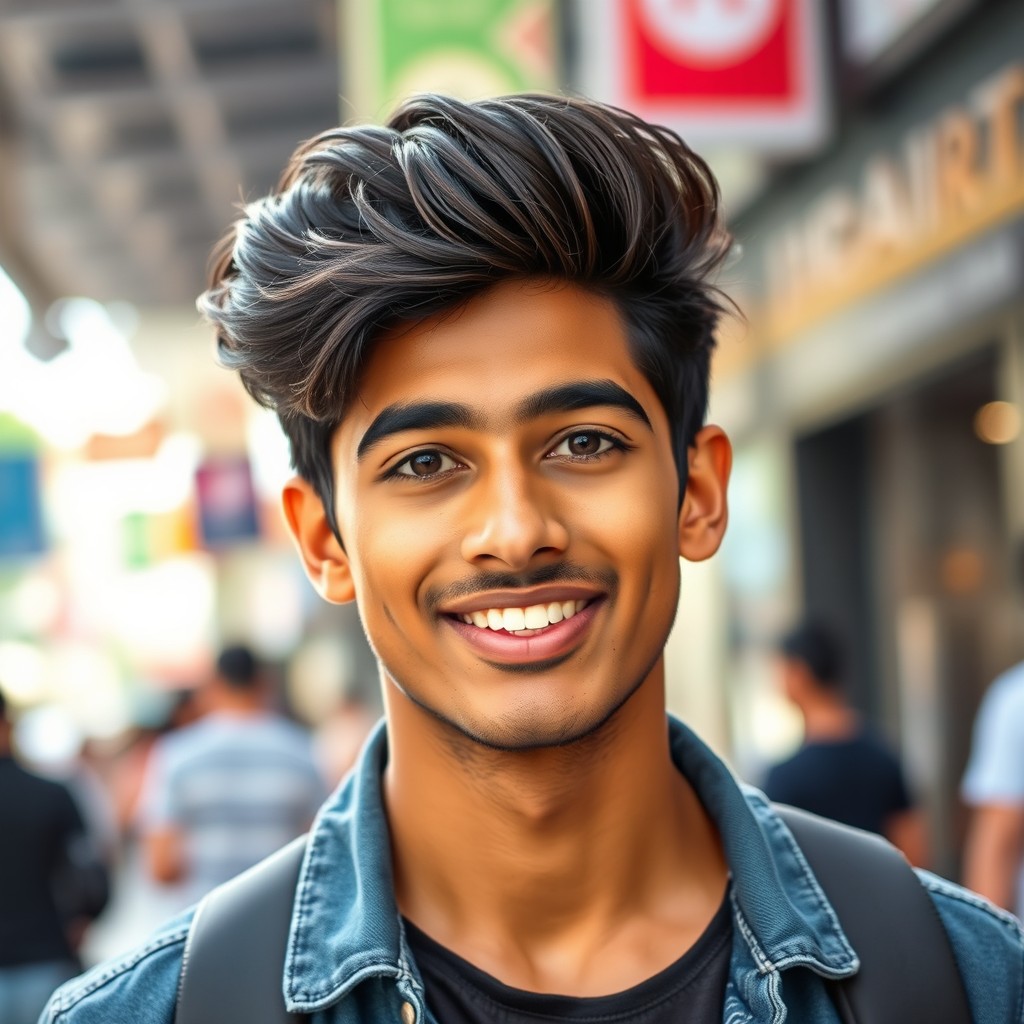A 22-year-old handsome Indian man with a full head of thick, dark hair, showcasing his striking features and charming personality