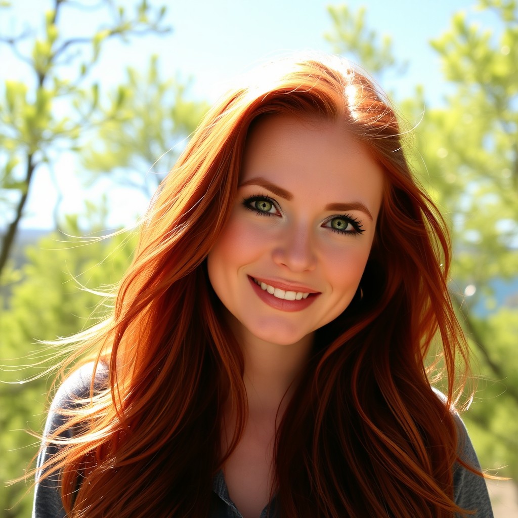 A stunning portrait of a vibrant redhead woman with long, flowing hair, looking confidently at the camera