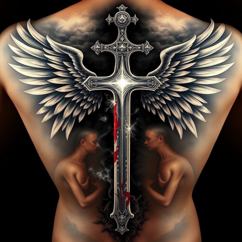 A detailed back tattoo design featuring a biblical cross with intricate carvings, surrounded by a dark and mysterious atmosphere