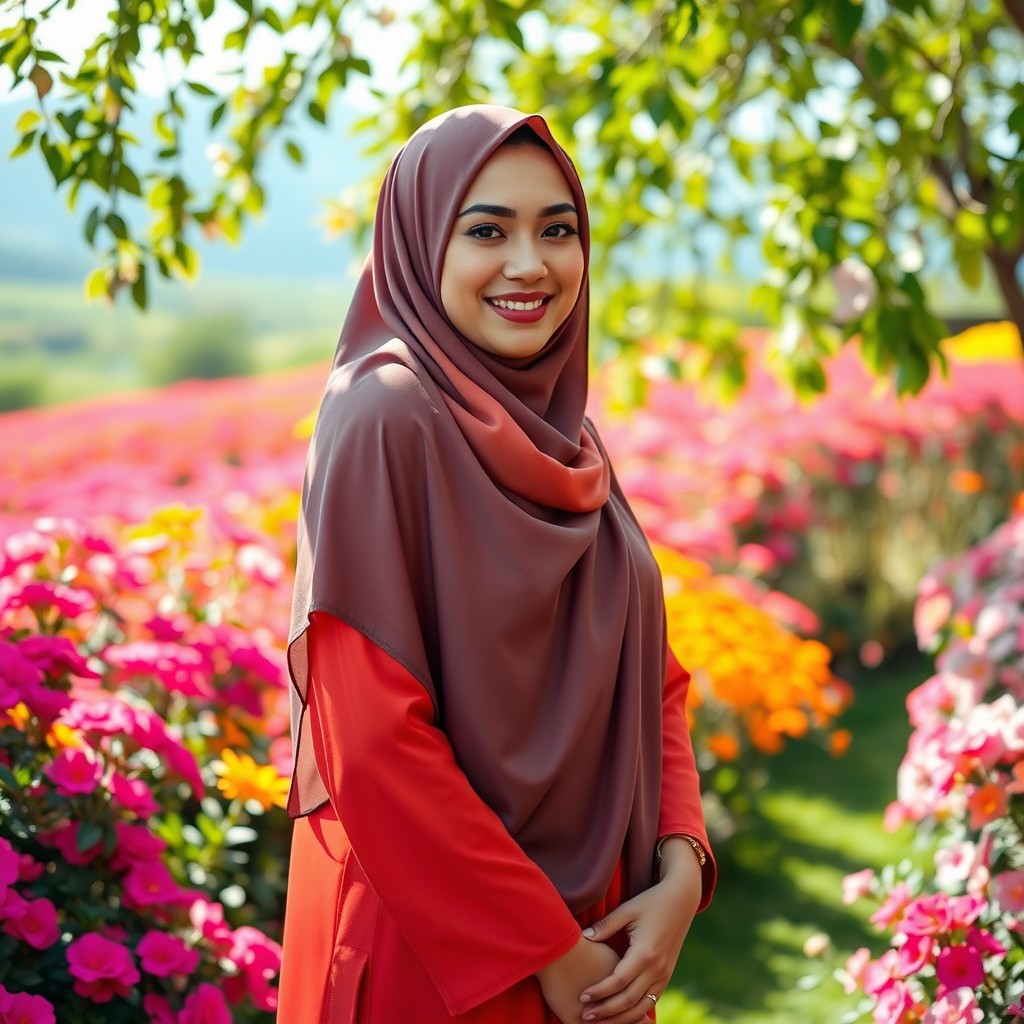 A tall woman wearing a brightly colored hijab, standing gracefully in a beautiful garden filled with blooming flowers