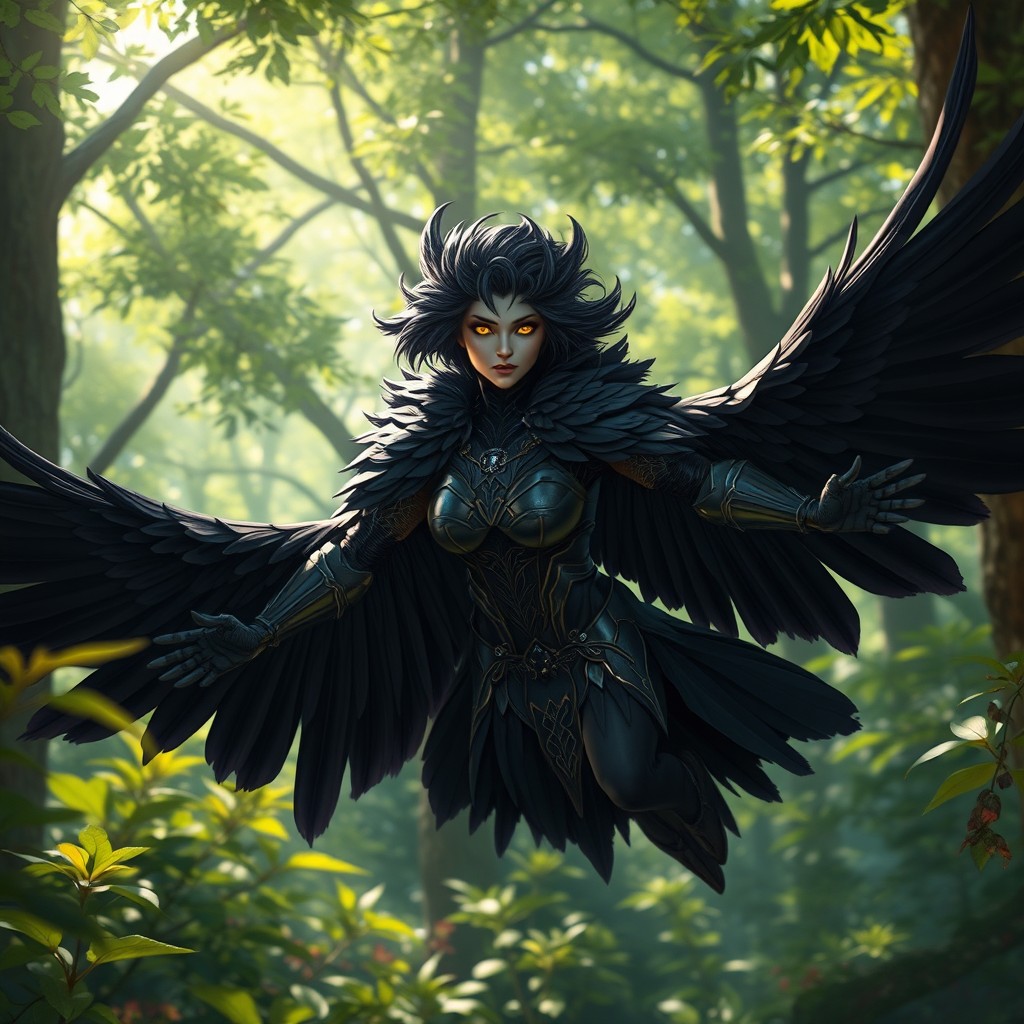 A female raven aarakocra, a fantastically avian humanoid character, featuring magnificent black feathered wings that replace arms, gracefully outstretched