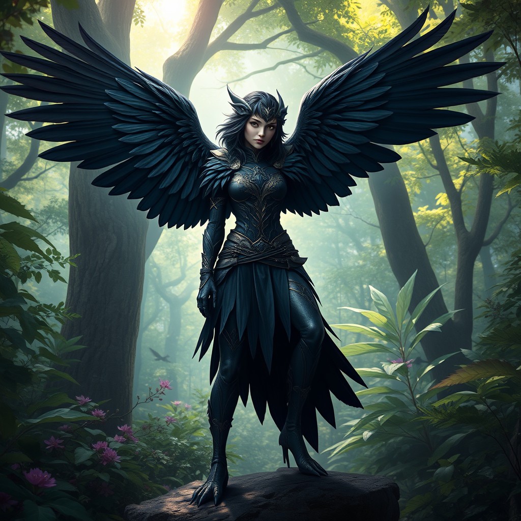 A female raven aarakocra with stunning black feathered wings gracefully outstretched, showcasing her magnificent avian features, while incorporating human legs instead of arms, providing a sense of balance and elegance