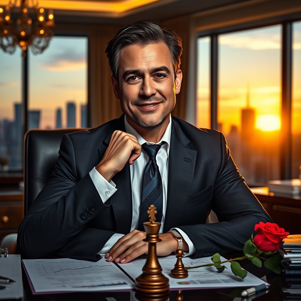 A businessperson sitting at a lavish desk, surrounded by charts and documents, looking contemplative and strategic