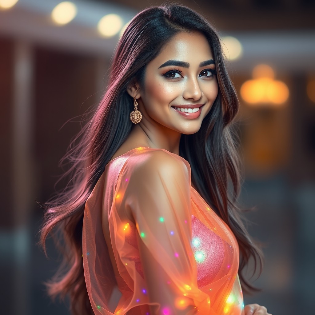 A beautiful woman named Sreee, depicted with a vibrant and translucent outfit that shimmers in the light