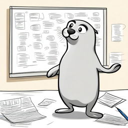 A charming cartoon illustration of a seal, standing on its hind flippers, is seen actively sketching on a large whiteboard