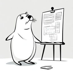 A charming cartoon illustration of a seal, standing on its hind flippers, is seen actively sketching on a large whiteboard