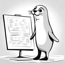 A charming cartoon illustration of a seal, standing on its hind flippers, is seen actively sketching on a large whiteboard