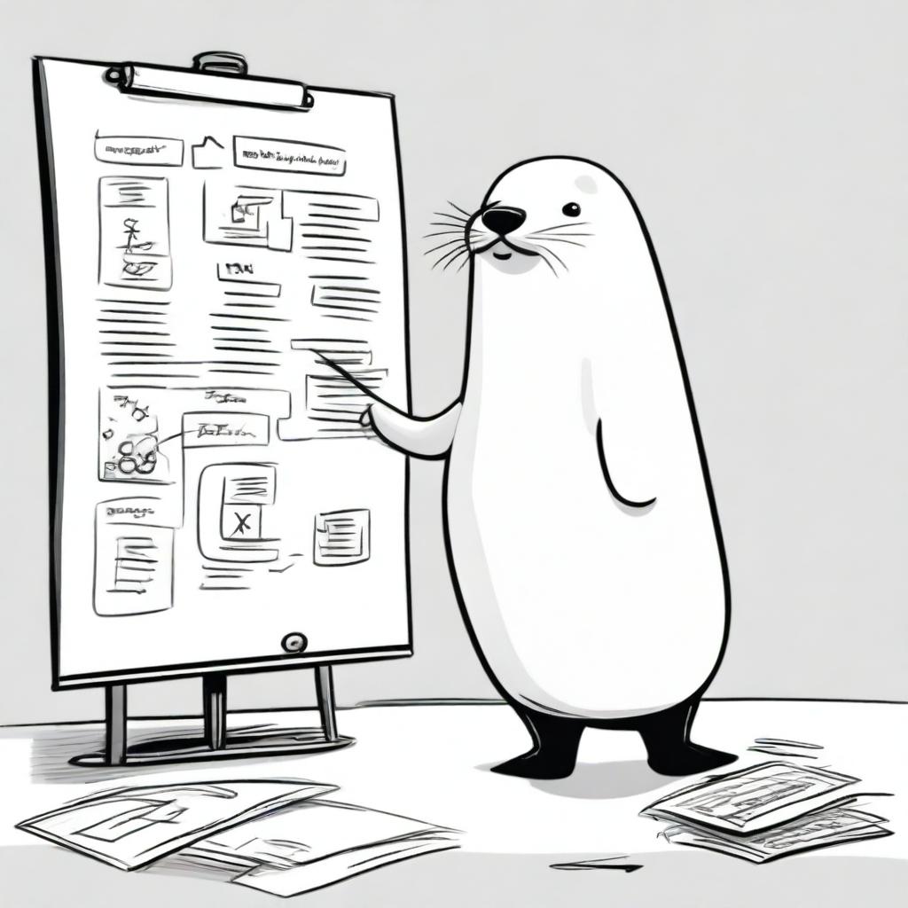 A charming cartoon illustration of a seal, standing on its hind flippers, is seen actively sketching on a large whiteboard