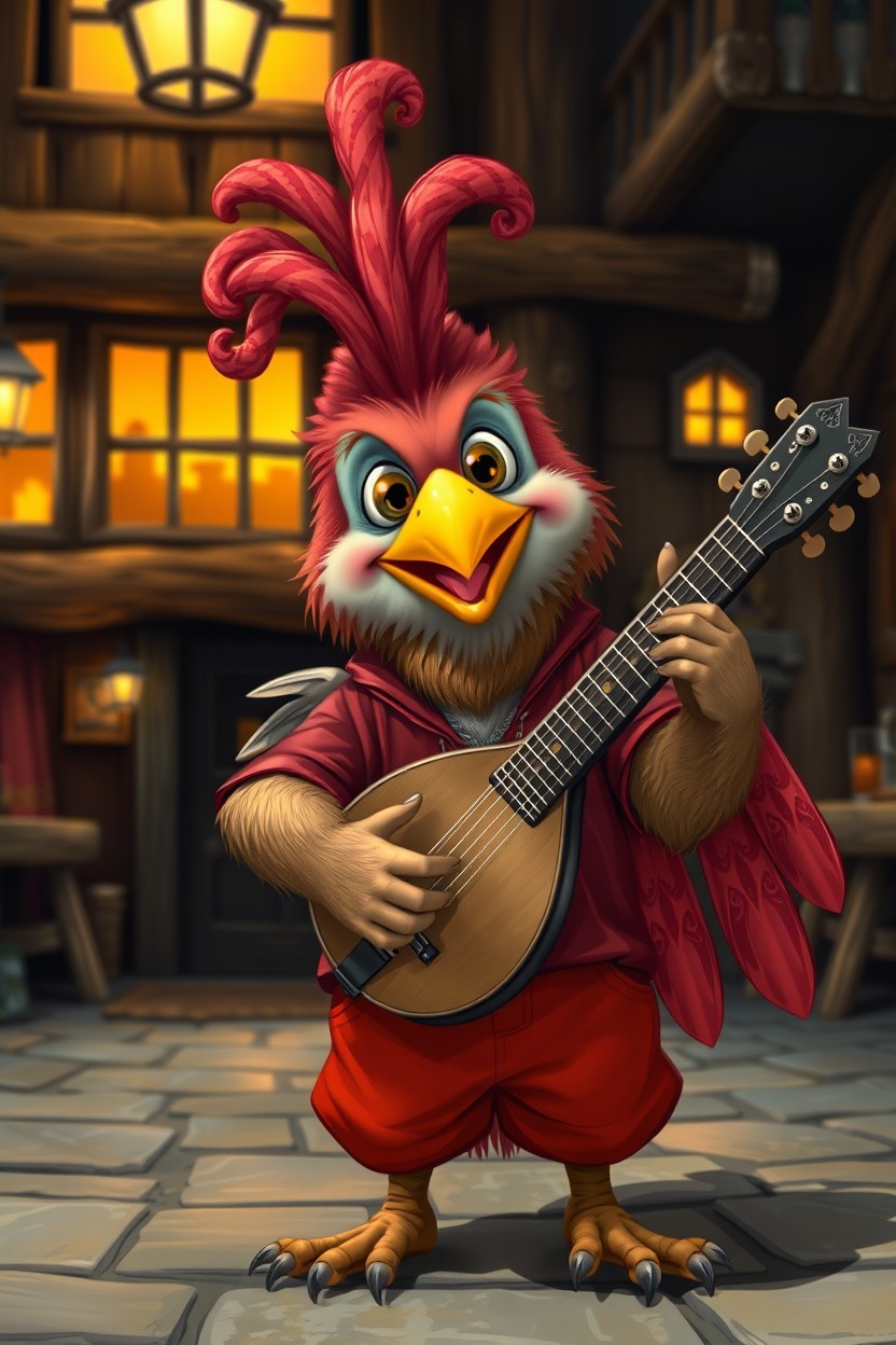 A cheerful kenku bard holding a balalaika, standing in front of a rustic tavern