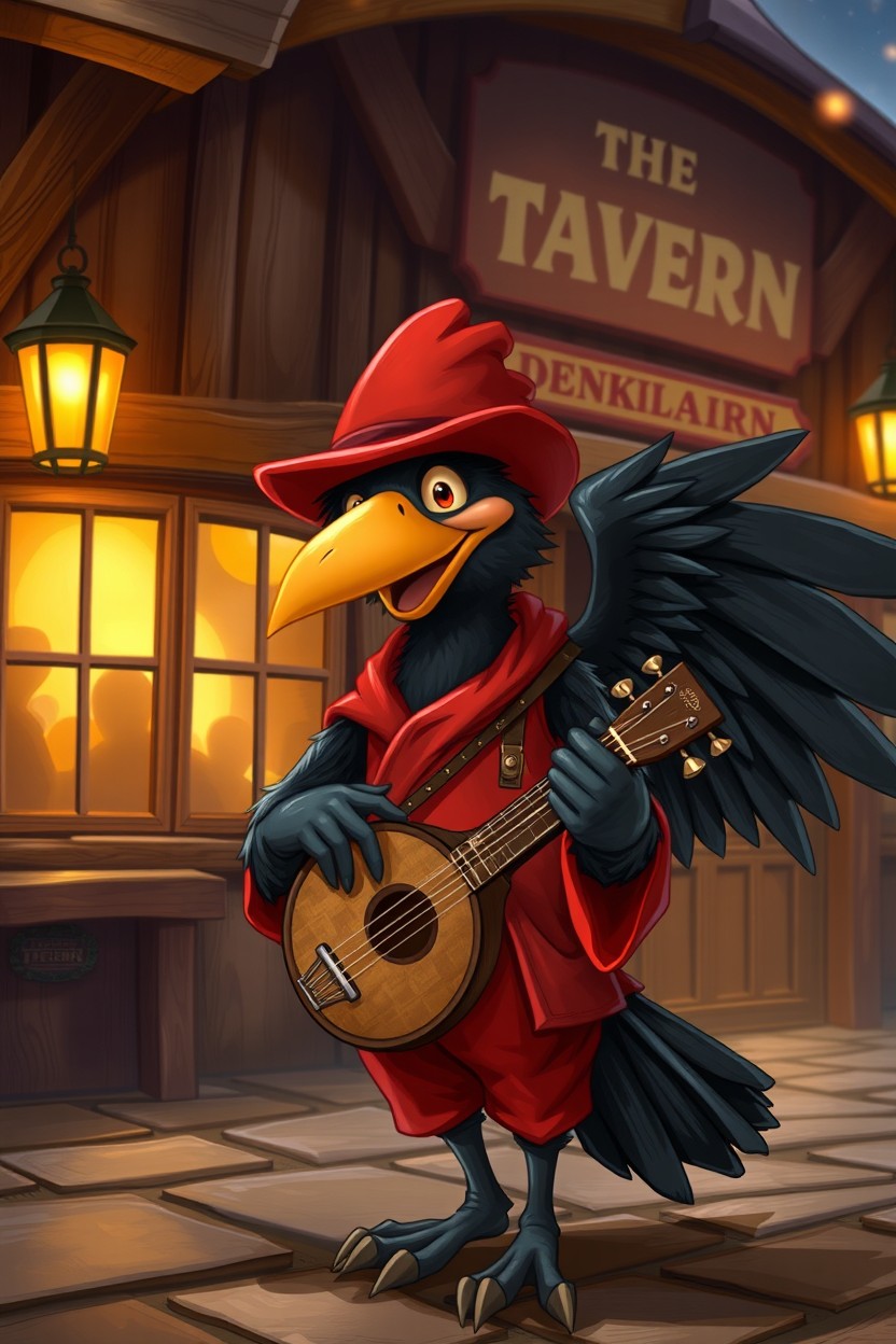 A cheerful kenku bard with black feathers, holding a balalaika, standing in front of a rustic tavern