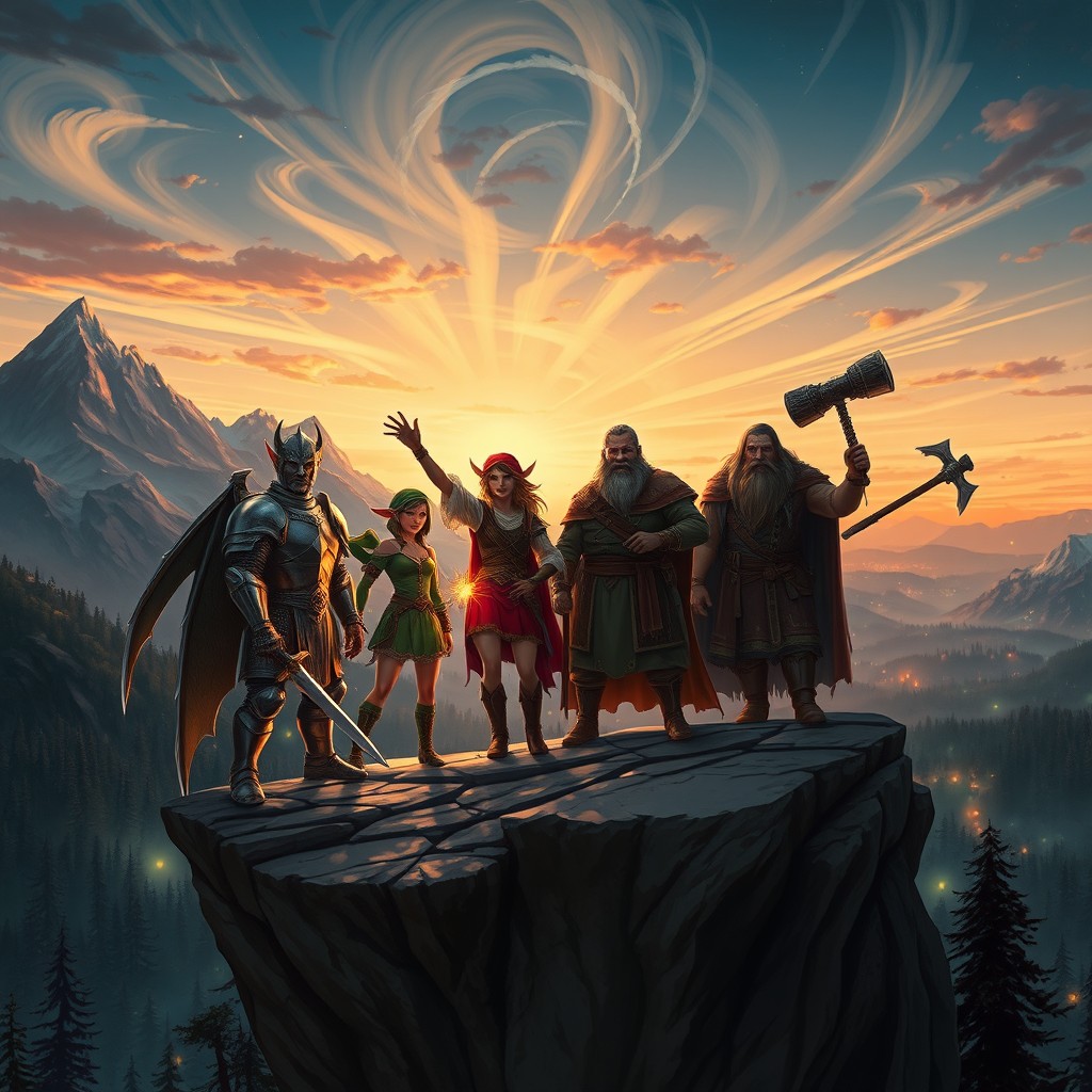An epic Dungeons and Dragons scene featuring a group of adventurers standing triumphantly on a cliff overlooking a vast, enchanted forest